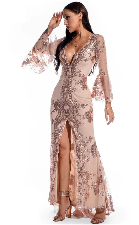 Sexy Night Bodycon Maxi Elegant Sequin Half Flare Sleeve Dress CODE: KAR1083