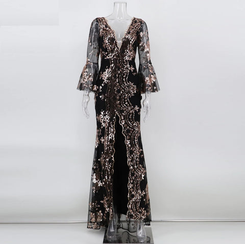 Sexy Night Bodycon Maxi Elegant Sequin Half Flare Sleeve Dress CODE: KAR1083