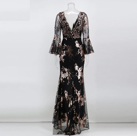Sexy Night Bodycon Maxi Elegant Sequin Half Flare Sleeve Dress CODE: KAR1083