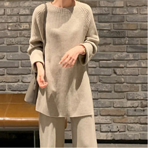 New Thicken Warm Knitted Pullover Sweater Two-Piece Suits +High Waist Loose Wide Leg Pants Set CODE: KAR1089