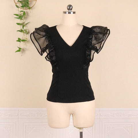 V Neck Ruffle Sleeve Thin Transparent See Through Patchwork  Elegant Plus Size Shirt CODE: KAR1111