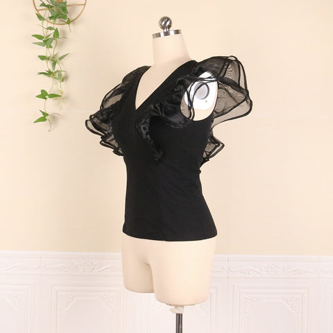 V Neck Ruffle Sleeve Thin Transparent See Through Patchwork  Elegant Plus Size Shirt CODE: KAR1111