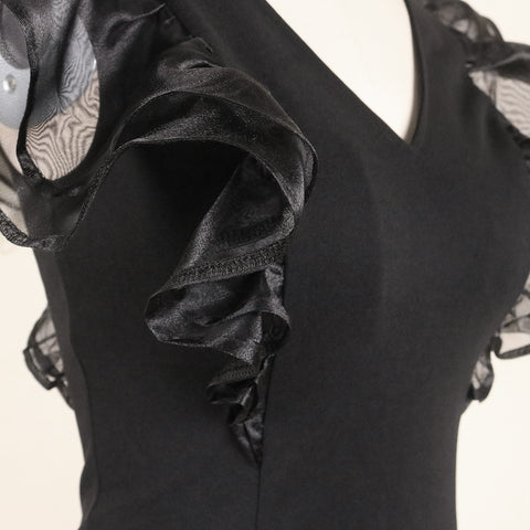 V Neck Ruffle Sleeve Thin Transparent See Through Patchwork  Elegant Plus Size Shirt CODE: KAR1111
