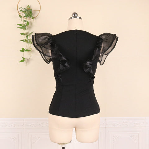 V Neck Ruffle Sleeve Thin Transparent See Through Patchwork  Elegant Plus Size Shirt CODE: KAR1111