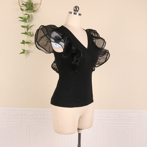 V Neck Ruffle Sleeve Thin Transparent See Through Patchwork  Elegant Plus Size Shirt CODE: KAR1111