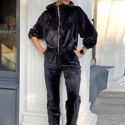 Zipper Coat Trouser Spring Autumn Solid Velvet Loose Casual Elastic Waist Outfit Set CODE: KAR1117