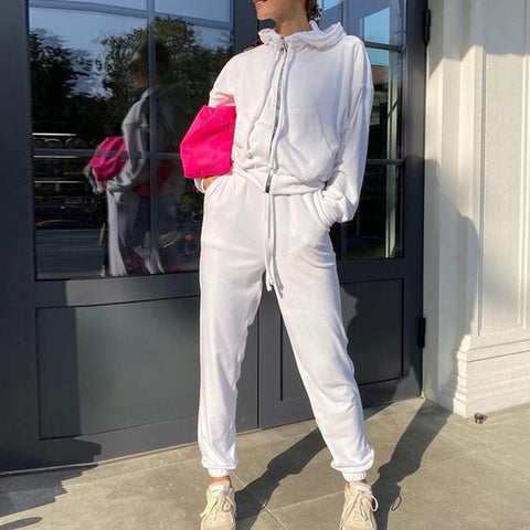 Zipper Coat Trouser Spring Autumn Solid Velvet Loose Casual Elastic Waist Outfit Set CODE: KAR1117