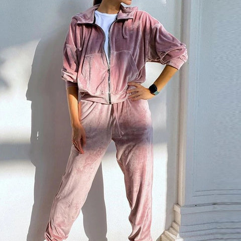 Zipper Coat Trouser Spring Autumn Solid Velvet Loose Casual Elastic Waist Outfit Set CODE: KAR1117