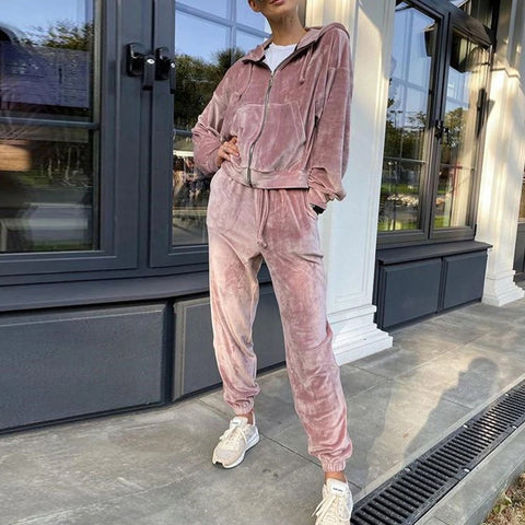 Zipper Coat Trouser Spring Autumn Solid Velvet Loose Casual Elastic Waist Outfit Set CODE: KAR1117