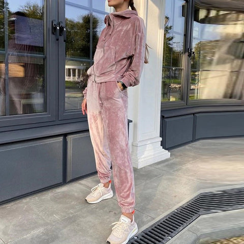 Zipper Coat Trouser Spring Autumn Solid Velvet Loose Casual Elastic Waist Outfit Set CODE: KAR1117