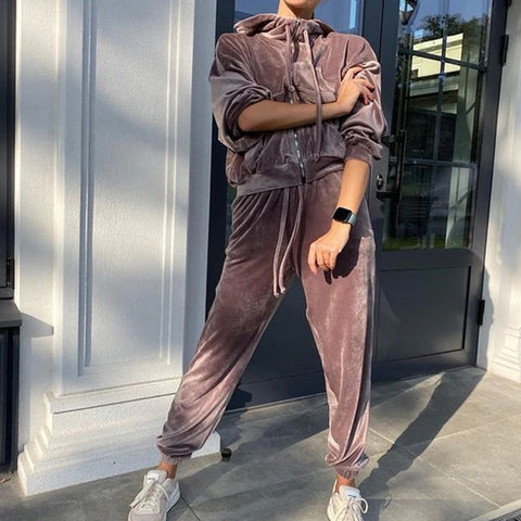 Zipper Coat Trouser Spring Autumn Solid Velvet Loose Casual Elastic Waist Outfit Set CODE: KAR1117