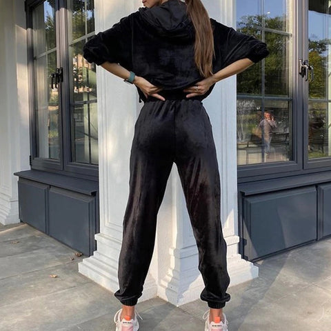 Zipper Coat Trouser Spring Autumn Solid Velvet Loose Casual Elastic Waist Outfit Set CODE: KAR1117