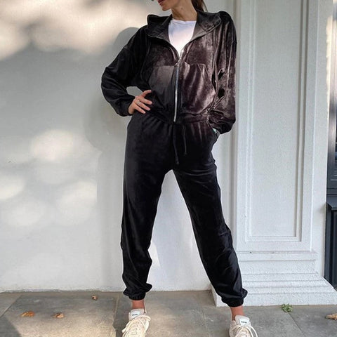 Zipper Coat Trouser Spring Autumn Solid Velvet Loose Casual Elastic Waist Outfit Set CODE: KAR1117