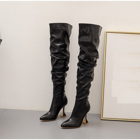 Over Knee Pleated High Heels Pointed Toe Leather Design High Quality Boots CODE: KAR1127