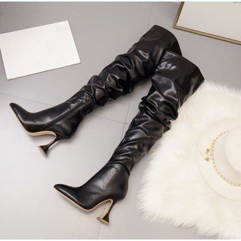 Over Knee Pleated High Heels Pointed Toe Leather Design High Quality Boots CODE: KAR1127
