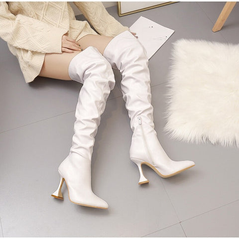 Over Knee Pleated High Heels Pointed Toe Leather Design High Quality Boots CODE: KAR1127