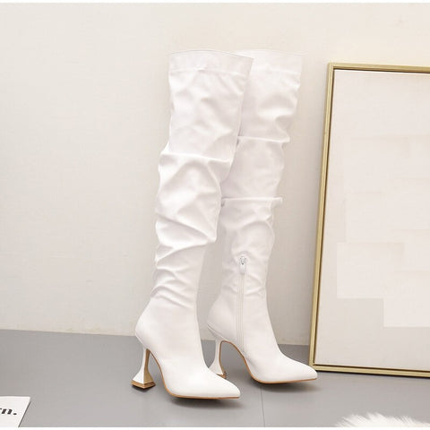 Over Knee Pleated High Heels Pointed Toe Leather Design High Quality Boots CODE: KAR1127