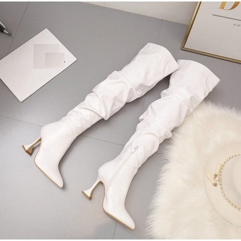 Over Knee Pleated High Heels Pointed Toe Leather Design High Quality Boots CODE: KAR1127