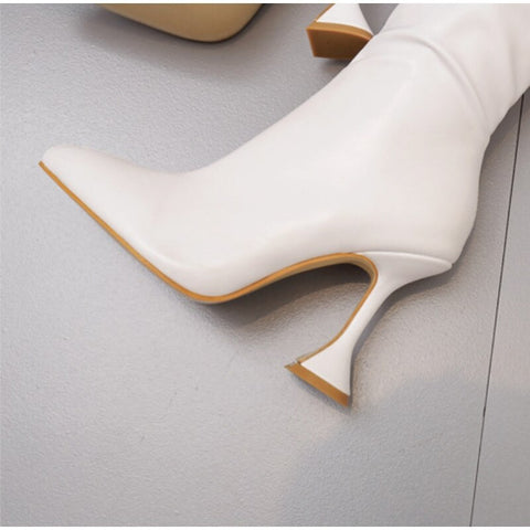Over Knee Pleated High Heels Pointed Toe Leather Design High Quality Boots CODE: KAR1127