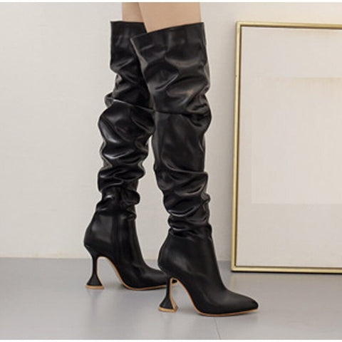 Over Knee Pleated High Heels Pointed Toe Leather Design High Quality Boots CODE: KAR1127