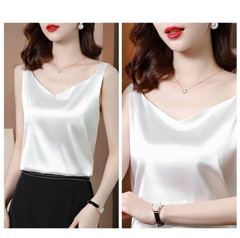 Summer Silk Camisole White Solid V-neck Elegant Satin Sleeveless Top CODE: KAR1140