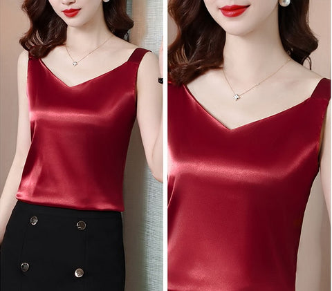 Summer Silk Camisole White Solid V-neck Elegant Satin Sleeveless Top CODE: KAR1140