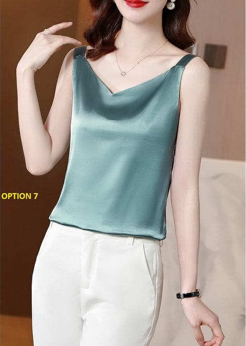 Summer Silk Camisole White Solid V-neck Elegant Satin Sleeveless Top CODE: KAR1140