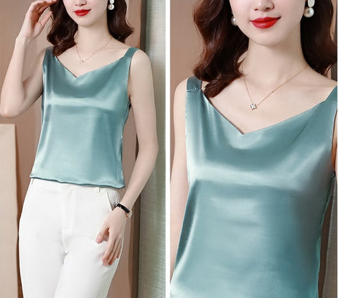 Summer Silk Camisole White Solid V-neck Elegant Satin Sleeveless Top CODE: KAR1140