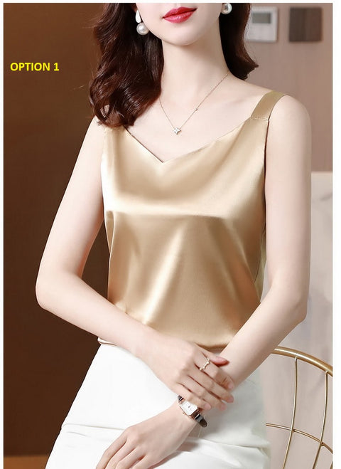 Summer Silk Camisole White Solid V-neck Elegant Satin Sleeveless Top CODE: KAR1140