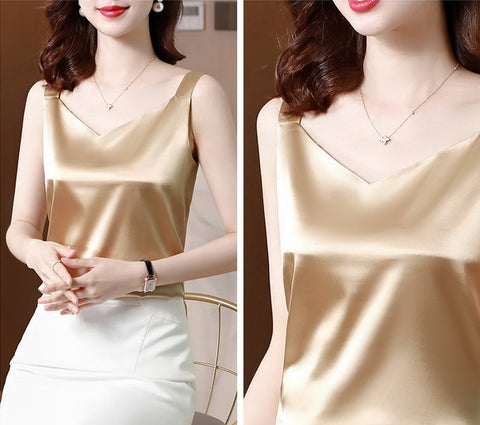 Summer Silk Camisole White Solid V-neck Elegant Satin Sleeveless Top CODE: KAR1140