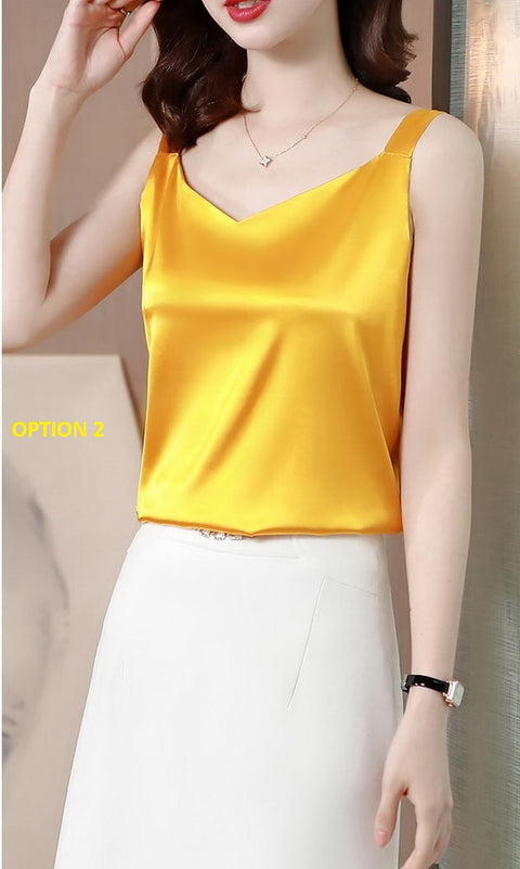 Summer Silk Camisole White Solid V-neck Elegant Satin Sleeveless Top CODE: KAR1140