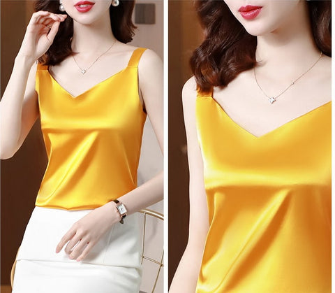 Summer Silk Camisole White Solid V-neck Elegant Satin Sleeveless Top CODE: KAR1140