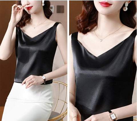 Summer Silk Camisole White Solid V-neck Elegant Satin Sleeveless Top CODE: KAR1140