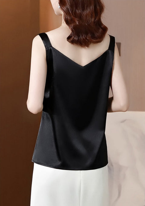 Summer Silk Camisole White Solid V-neck Elegant Satin Sleeveless Top CODE: KAR1140