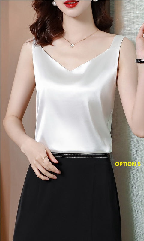 Summer Silk Camisole White Solid V-neck Elegant Satin Sleeveless Top CODE: KAR1140