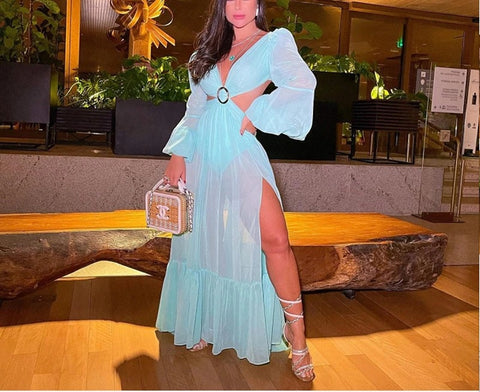 Lantern Sleeve Big Swing V Neck High Split Long Maxi Dress CODE: KAR1148