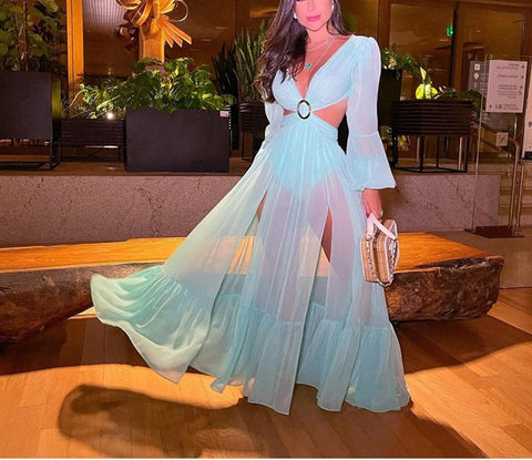 Lantern Sleeve Big Swing V Neck High Split Long Maxi Dress CODE: KAR1148