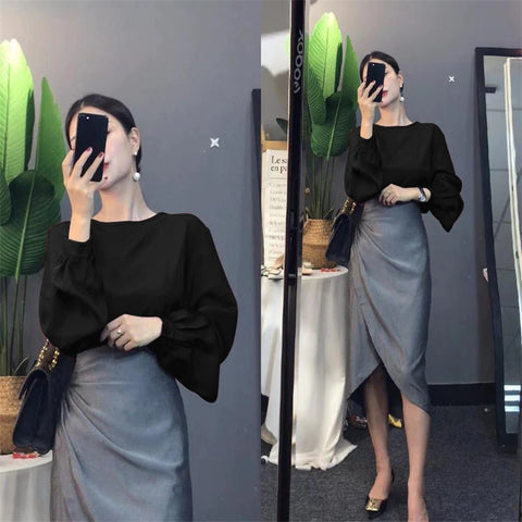 New Style Casual Black High-Waisted Hip Split Skirt Suits Two Piece Set CODE: KAR1159