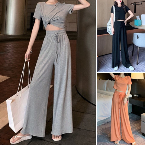Plain Short Sleeve Shirts Pants High Waist Soft Casual 2Pcs CODE: KAR1166