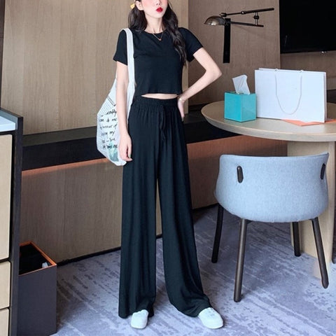 Plain Short Sleeve Shirts Pants High Waist Soft Casual 2Pcs CODE: KAR1166