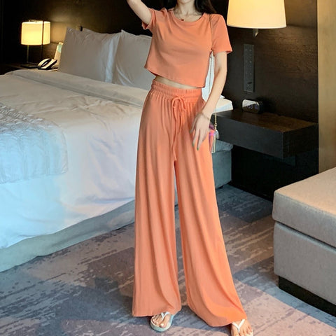 Plain Short Sleeve Shirts Pants High Waist Soft Casual 2Pcs CODE: KAR1166