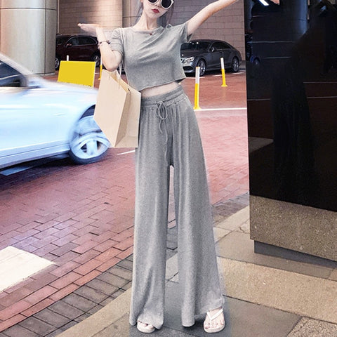 Plain Short Sleeve Shirts Pants High Waist Soft Casual 2Pcs CODE: KAR1166