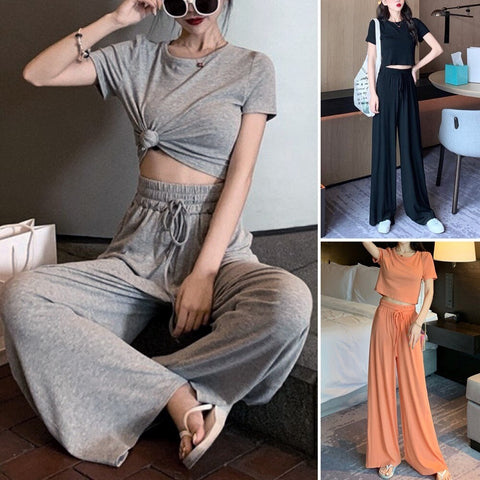 Plain Short Sleeve Shirts Pants High Waist Soft Casual 2Pcs CODE: KAR1166
