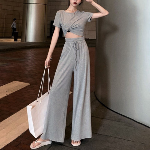 Plain Short Sleeve Shirts Pants High Waist Soft Casual 2Pcs CODE: KAR1166