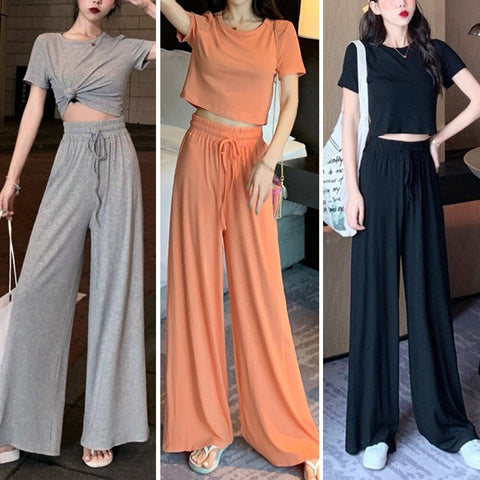 Plain Short Sleeve Shirts Pants High Waist Soft Casual 2Pcs CODE: KAR1166