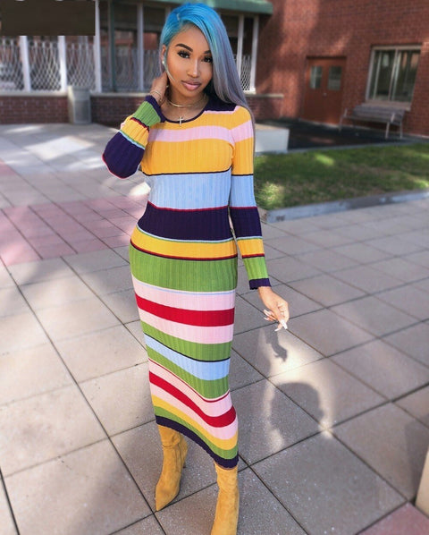 Striped Knit Patchwork, Young, Sexy, Soft, Elastic Long Sleeves, High Waist, Slim, Maxi Dress CODE: KAR1172