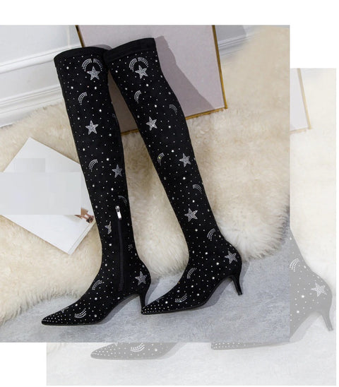 Starry Sky Patterned ,Rhinestone, Zipper, Above Knee, Elastic, Fall and Winter Plus Size Boot CODE: KAR1177