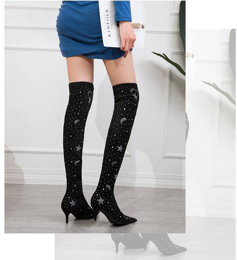 Starry Sky Patterned ,Rhinestone, Zipper, Above Knee, Elastic, Fall and Winter Plus Size Boot CODE: KAR1177