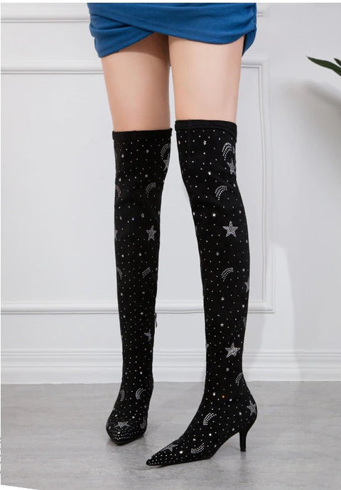 Starry Sky Patterned ,Rhinestone, Zipper, Above Knee, Elastic, Fall and Winter Plus Size Boot CODE: KAR1177