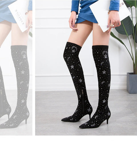 Starry Sky Patterned ,Rhinestone, Zipper, Above Knee, Elastic, Fall and Winter Plus Size Boot CODE: KAR1177